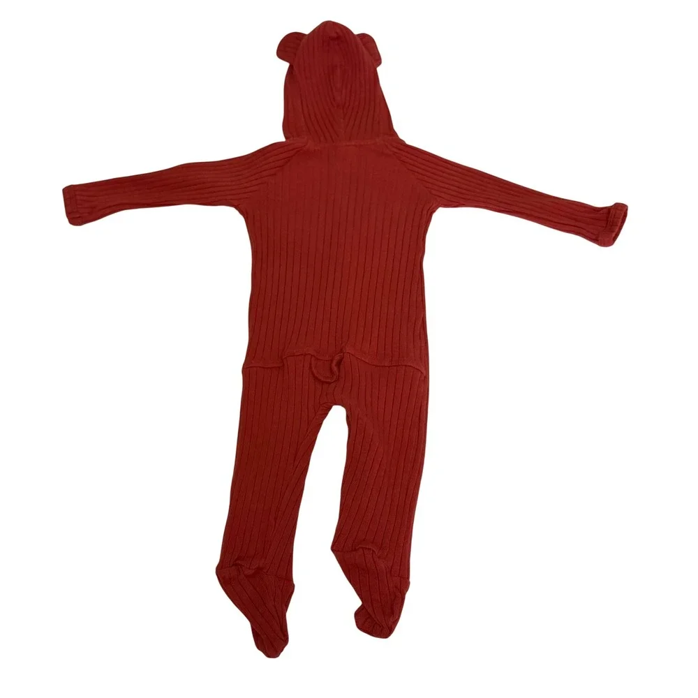 Kate Quinn Red Ribbed Organic Cotton Bear Ear Hooded Footie Romper 0-3M